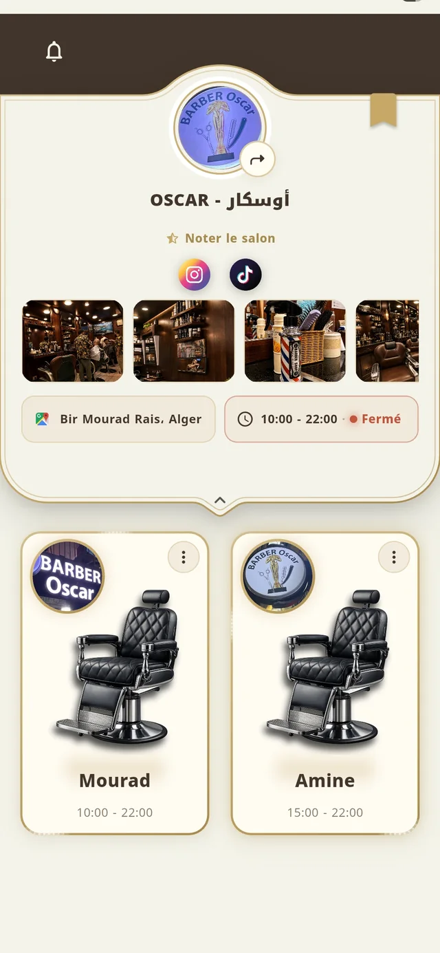 تطبيق Hilaka — صفحة صالون OSCAR: التقييم، الصور، الموقع وكراسي الحلاقين · Application Hilaka : page du salon OSCAR avec ses coiffeurs